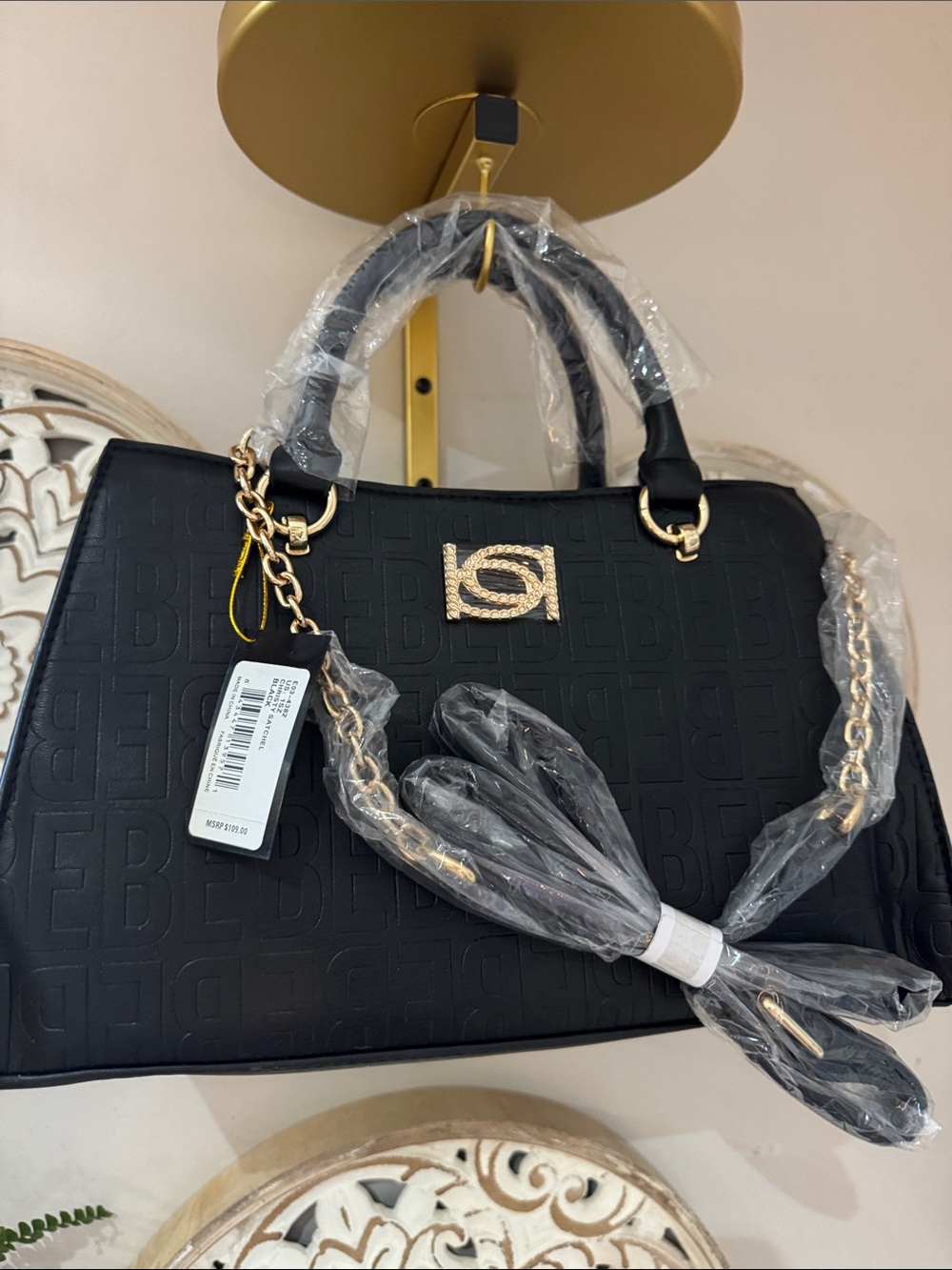 bebe Black Embossed Satchel with Gold Hardware